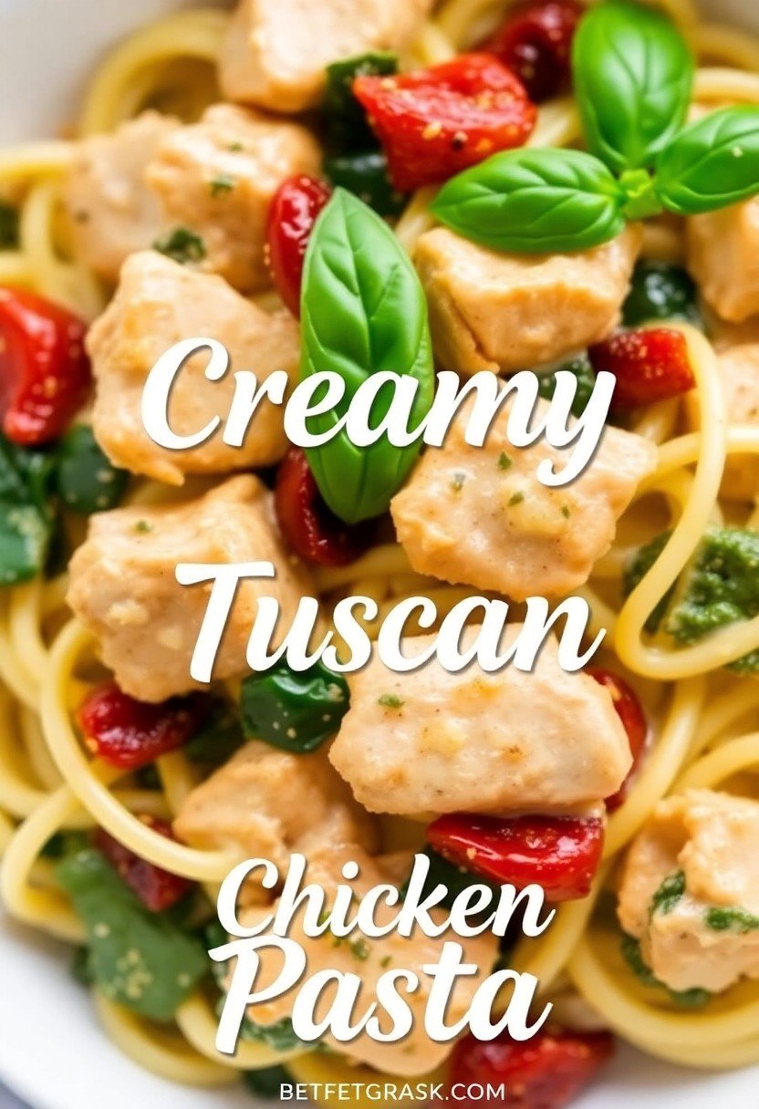 A delicious bowl of creamy Tuscan chicken pasta with fresh basil, with the text overlay "Creamy Tuscan Chicken Pasta."