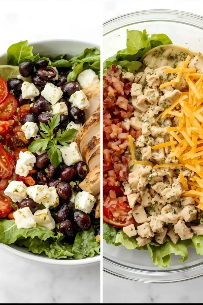 Two different and visually appealing variations of salad with chicken, one Mediterranean style and one with a creamy dressing.