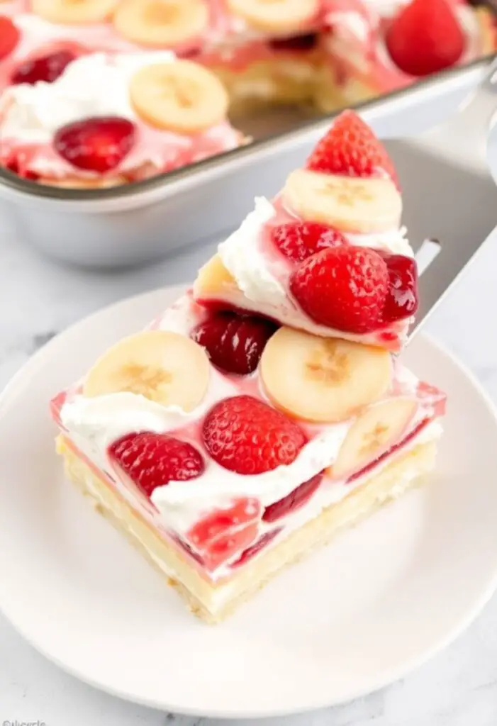 A close-up shot of two perfect square slices of the banana split dessert. One slice is on a white plate, clearly showing the distinct layers of crust, cream cheese, and fruit. The other slice is being lifted from the pan with a spatula, showing its structure.