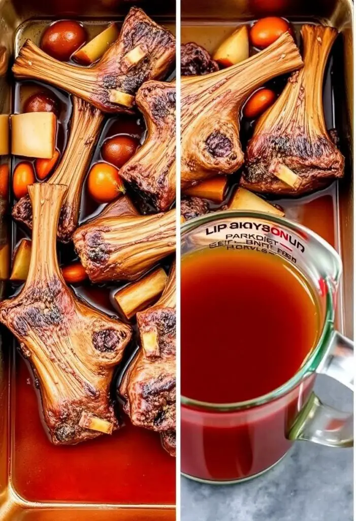 A close-up shot showing two stages of the beef broth process. One half shows the deeply roasted beef bones and vegetables in a roasting pan. The other half shows the final, clear, dark broth in a glass measuring cup, showcasing its beautiful color.