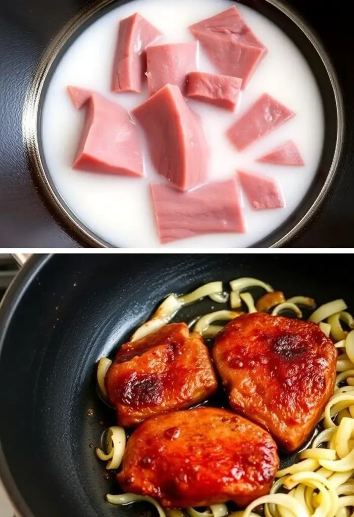 A close-up shot showing two key stages of cooking beef liver. One side shows slices of liver soaking in a shallow dish of milk. The other side shows the perfectly seared, golden-brown liver in a hot skillet with the onions.

