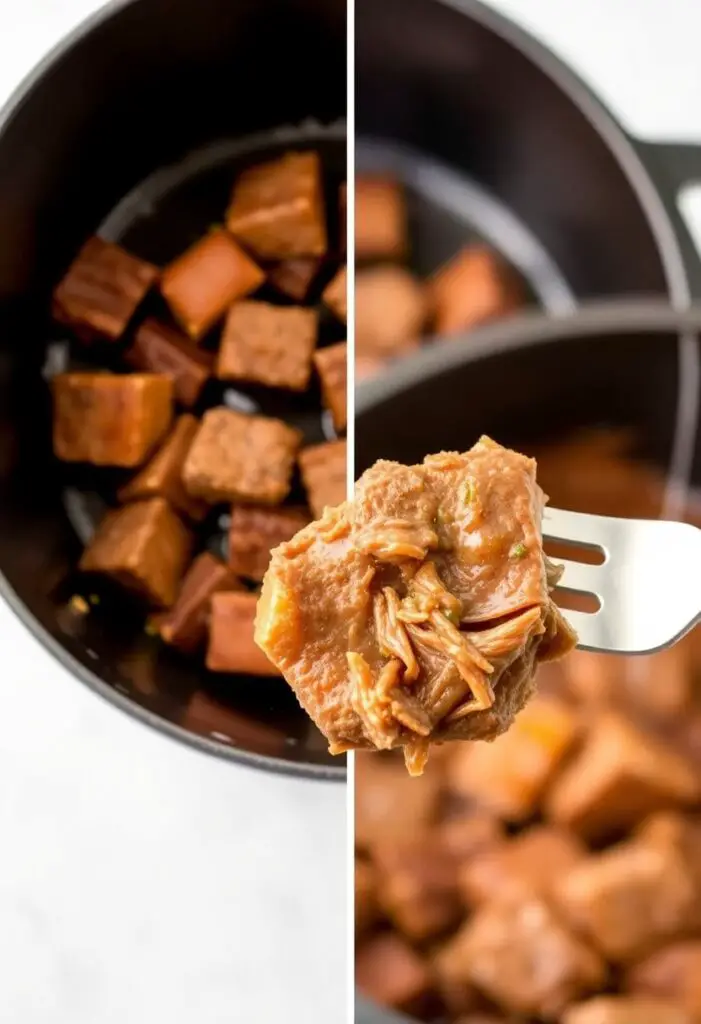 A close-up shot showing two key stages of making beef stew. One half shows the beef cubes getting a deep, brown sear in a hot Dutch oven. The other half shows a single, perfect piece of cooked beef on a fork, showcasing its tender, shreddable texture.