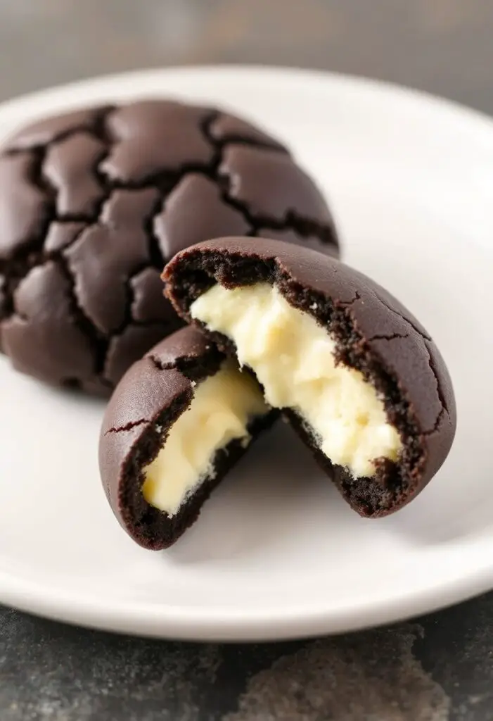 A close-up shot of two black pearl cookies. One is a whole, dark, crackled cookie on a white plate. The other is split in half, prominently displaying the contrasting creamy white chocolate ganache filling.