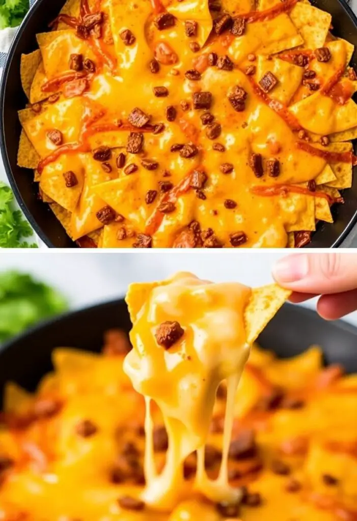 A close-up shot showing two different views of the brisket nachos. One is a top-down shot of the entire, bubbly, golden-brown skillet of nachos, fresh from the oven. The other is a single, perfectly loaded chip being pulled from the pan, showing a glorious cheese pull.