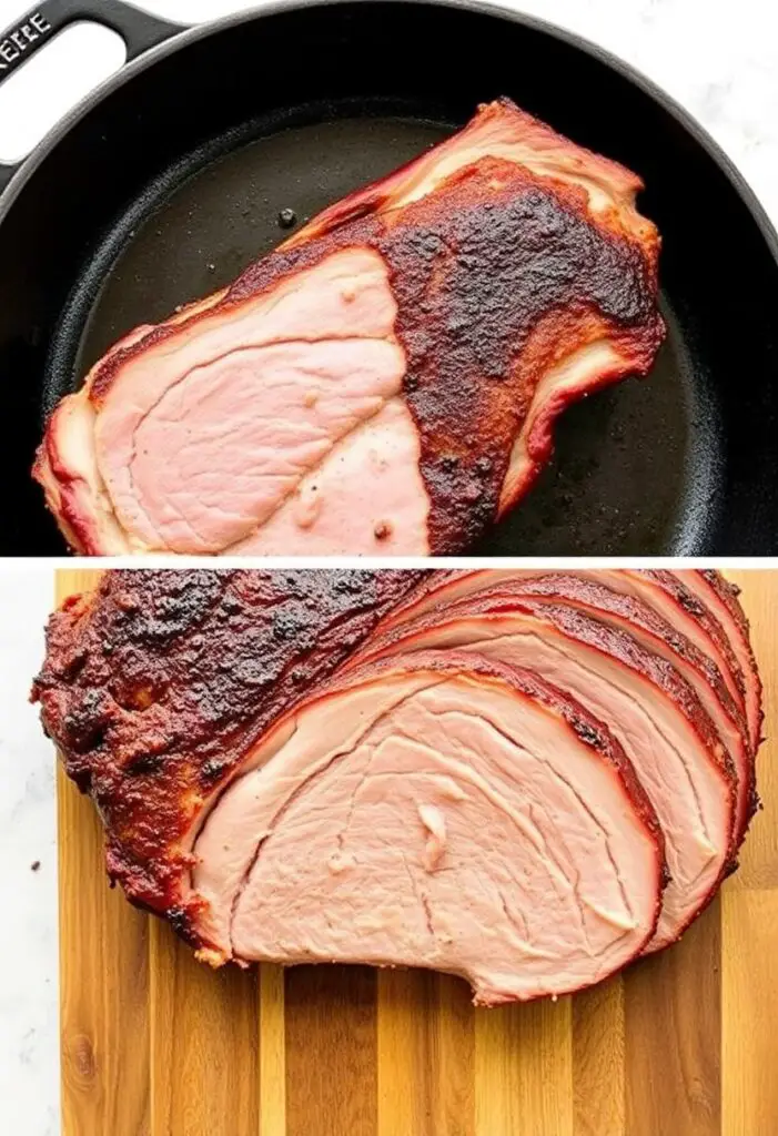 A close-up shot showing two stages of the brisket. One half shows the raw brisket with a deep, dark sear in a cast-iron skillet. The other half shows the finished brisket, sliced against the grain, revealing its juicy, tender interior.
