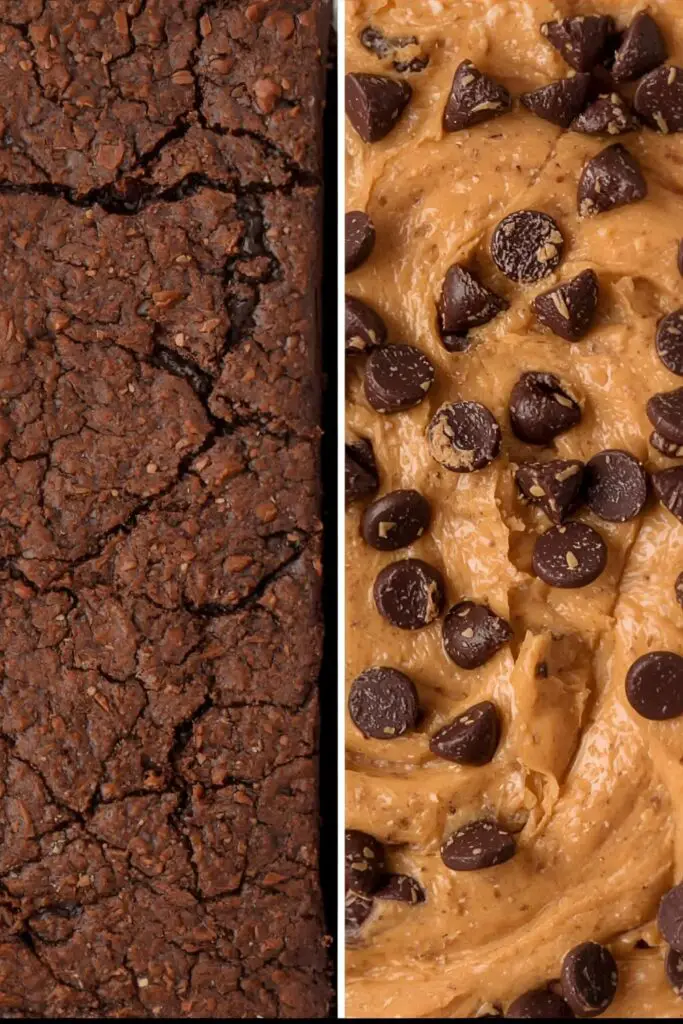 A close-up comparison of two brownie squares. One is a classic fudgy brownie with a plain crackly top, and the other features a visible swirl of peanut butter and a sprinkle of chocolate chips, showcasing different customizations.