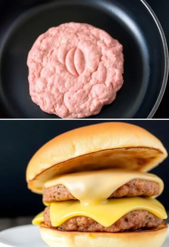 A close-up shot showing two stages of a stovetop burger. One side shows the raw patty with the thumbprint dimple ready for the pan. The other side shows the finished, perfectly seared burger with melted cheese, resting and juicy, on a toasted bun.