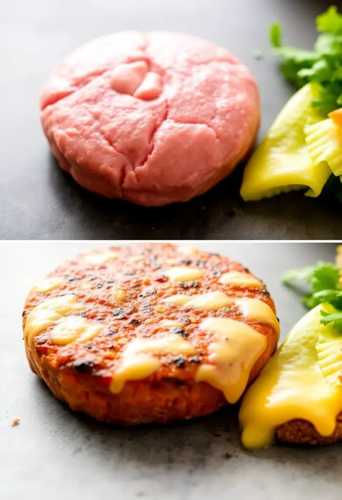 A close-up shot showing two stages of a burger patty. One is a raw, perfectly formed patty with a thumb dimple. The other is a perfectly seared, cheesy, cooked patty with a beautiful crust.