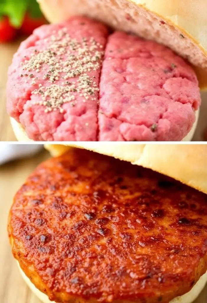 A close-up shot showing two stages of a burger. One half shows the raw patty with a visible, coarse crust of seasoning before cooking. The other half shows the perfectly cooked patty with a deep, brown, flavorful sear.