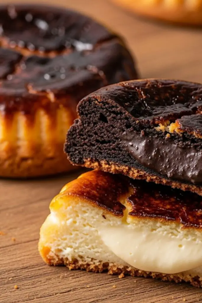 A close-up shot of two different burnt cheese cookies. One is the classic version. The other is broken in half to reveal the stark contrast between the dark, caramelized top and the creamy, pale cheesecake filling inside.