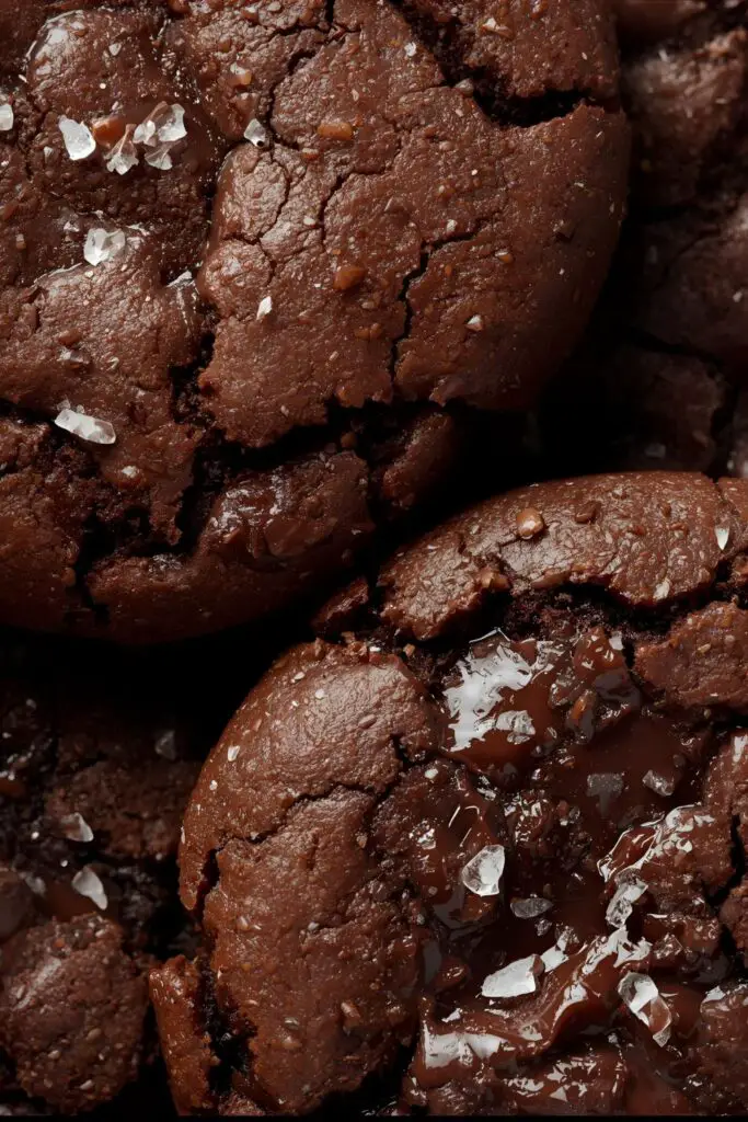 An extreme close-up shot of two dark cacao cookies. One is a plain, glossy cookie with dramatic cracks and flaky sea salt, while the other is studded with large, melty dark chocolate chunks, showcasing different textures.