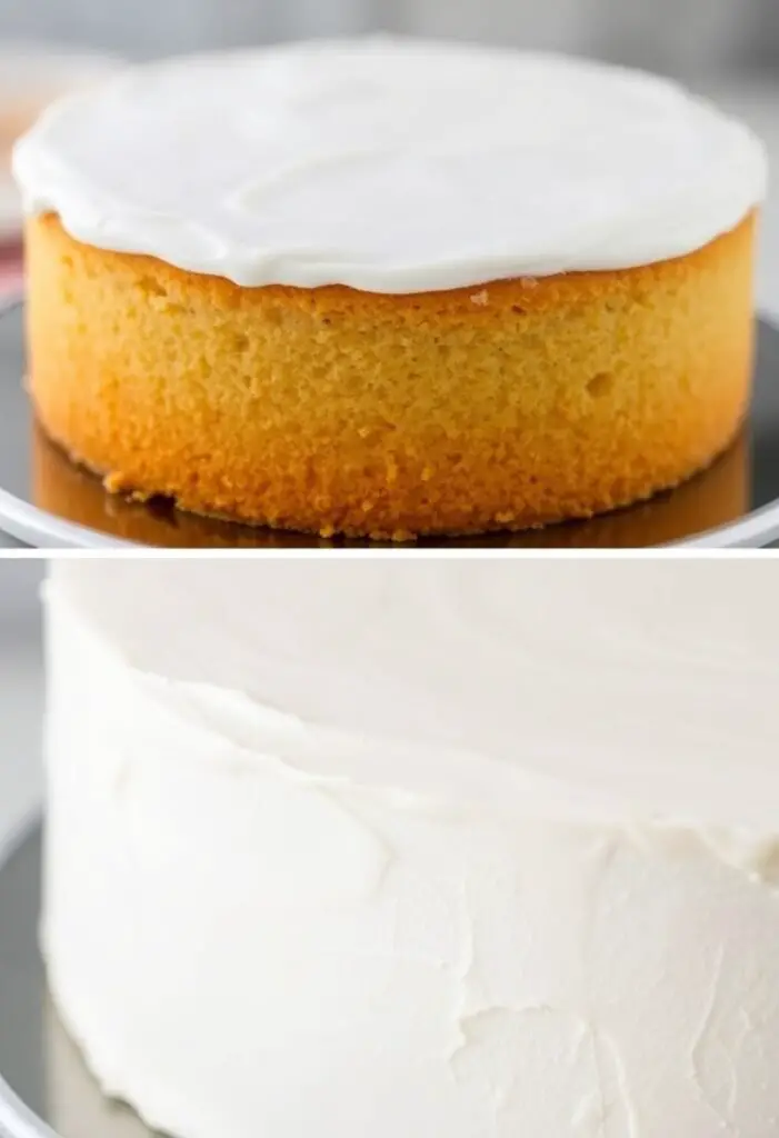 A close-up shot showing two stages of cake icing. One image shows a cake with a thin, even crumb coat, clearly trapping crumbs. The second image shows a section of a cake with the final, smooth, pristine layer of frosting, ready for decoration.