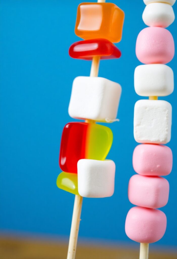 A close-up shot showing two different candy kabobs. One kabob features a rainbow of gummy candies. The second kabob has a more specific color theme, like pink and white, with marshmallows and different shaped gummies.