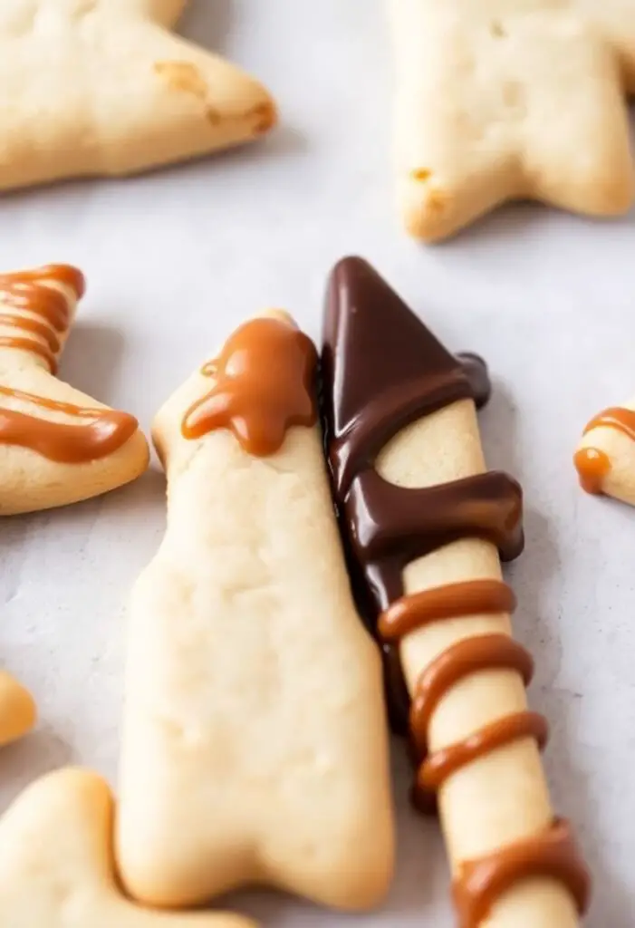A close-up shot of two different caramel arrow cookies. One is a classic arrowhead with a simple caramel drizzle. The other has its tip dipped in dark chocolate before being drizzled with caramel, showcasing a variation.