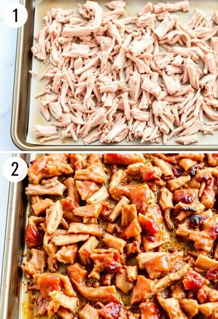 A close-up shot showing two key stages of making carnitas. One half shows the tender, shredded pork on a baking sheet before broiling. The other half shows the finished carnitas after broiling, with delicious, crispy, browned edges.