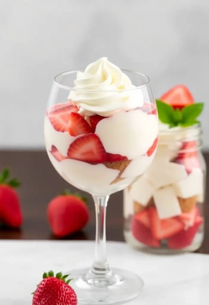 A close-up shot of two beautifully layered strawberry cheesecake parfaits. One is in a modern, stemless wine glass with a neat swirl of whipped cream on top. The other is in a small mason jar, garnished with a whole strawberry and a mint leaf.