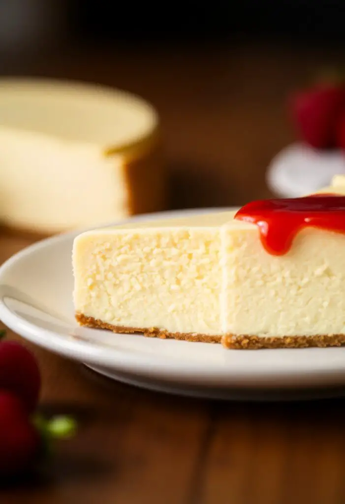 A close-up shot showing two perfect slices of cheesecake. One is a classic, plain slice on a white plate, showcasing its incredibly dense and creamy texture. The other has a vibrant strawberry or raspberry sauce drizzled over the top.