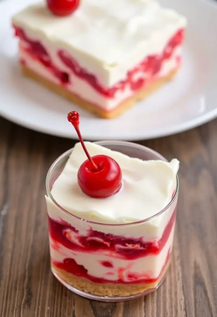 A close-up shot of two different servings of cherry delight dessert. One is a perfectly cut square slice on a white plate, clearly showing all the creamy, red, and crust layers. The other is a close-up of a single serving layered in a clear glass, garnished with a fresh cherry.