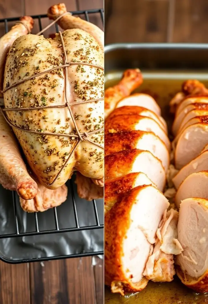 A close-up shot showing two stages of roasting a chicken. One side shows the raw chicken, heavily seasoned and trussed, on a roasting rack. The other side shows the finished, carved roasted chicken, with succulent, juicy meat.