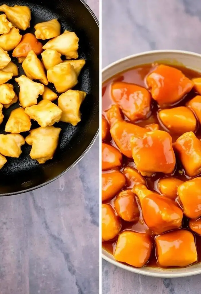 A close-up shot showing two stages of the honey garlic chicken. One side shows golden-brown sautéed chicken pieces in a skillet. The other side shows the finished chicken, coated in a thick, glossy honey garlic sauce, ready to serve.