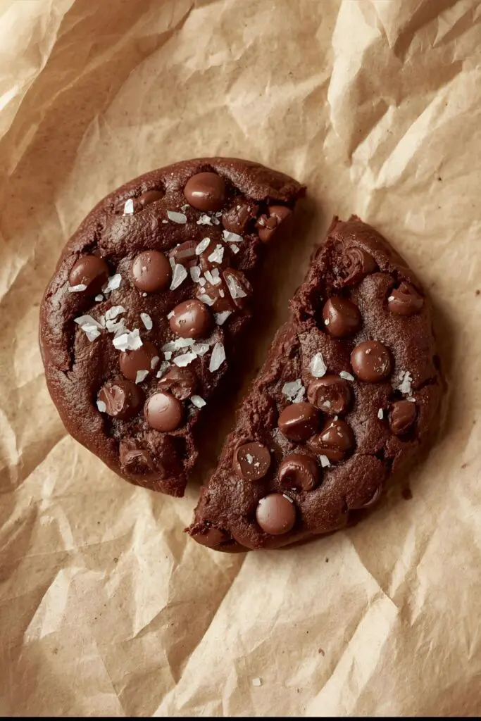An extreme close-up shot of two chocolate chocolate chip cookies on a piece of parchment paper. One cookie is whole, sprinkled with flaky sea salt, and the other is split open to showcase its dense, fudgy, brownie-like texture.
