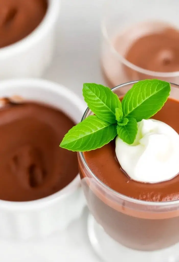 A close-up shot showing two different servings of the chocolate mousse. One is in a simple white ramekin, showing its thick, velvety texture. The other is in a glass, topped with a dollop of whipped coconut cream and a mint leaf.