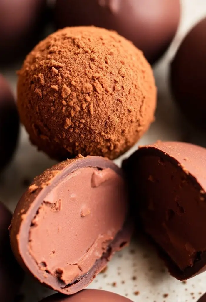 A close-up shot of two different finished chocolate truffles. One is a classic truffle, perfectly round and dusted in rich cocoa powder. The other is bitten in half to reveal its smooth, dense, ganache interior.