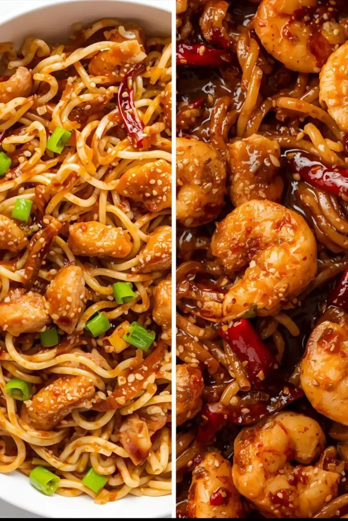 A close-up shot showing two different styles of chow mein. One is a classic, saucy chicken chow mein in a white bowl, and the other is a spicier, darker version with chili flakes and shrimp, highlighting variety.