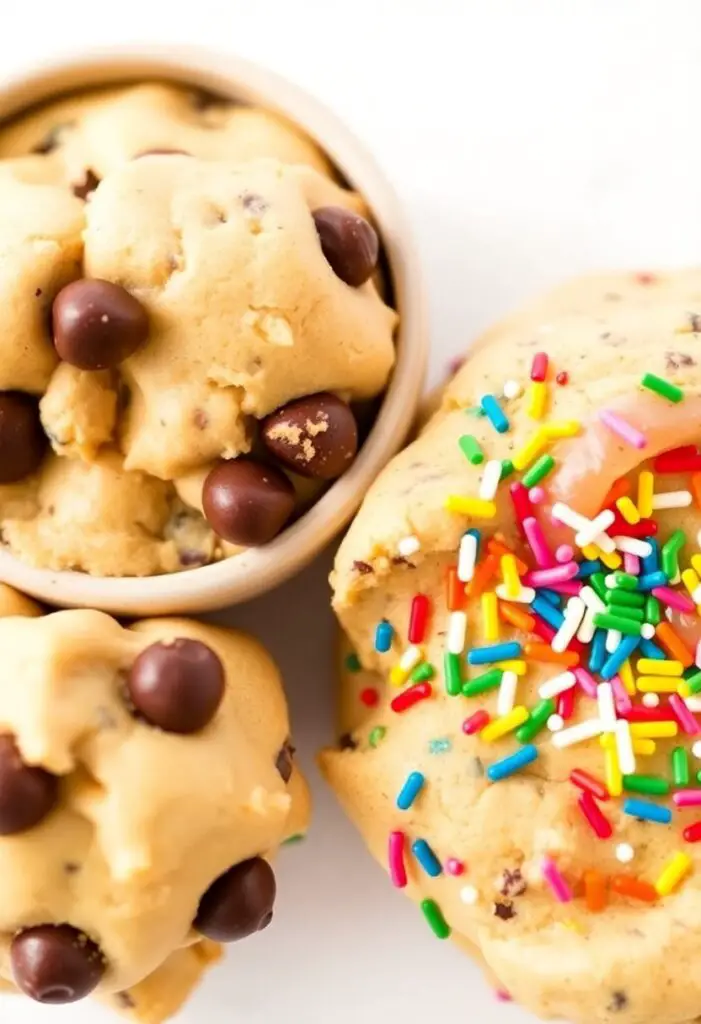 A close-up shot showing two different single-serving cookie dough variations. One is the classic chocolate chip in a small bowl, and the other is a "birthday cake" version with colorful rainbow sprinkles mixed in.