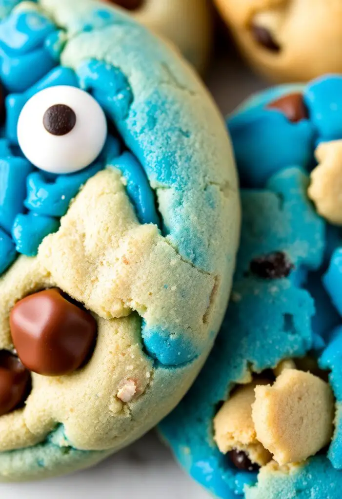 A close-up shot of two different cookie monster cookies. One is a classic round, vibrant blue cookie with candy eyes and visible chocolate chips. The other is a slightly more rustic-looking blue cookie with larger cookie chunks peeking out.