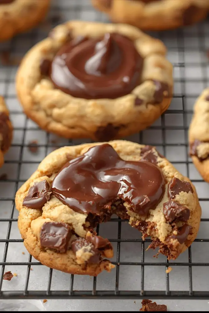 An extreme close-up shot of two chocolate chunk cookies on a wire rack. One cookie is whole, showcasing the large, glossy pools of melted chocolate on top, while the other is broken to reveal its chewy texture and varied chunk sizes.