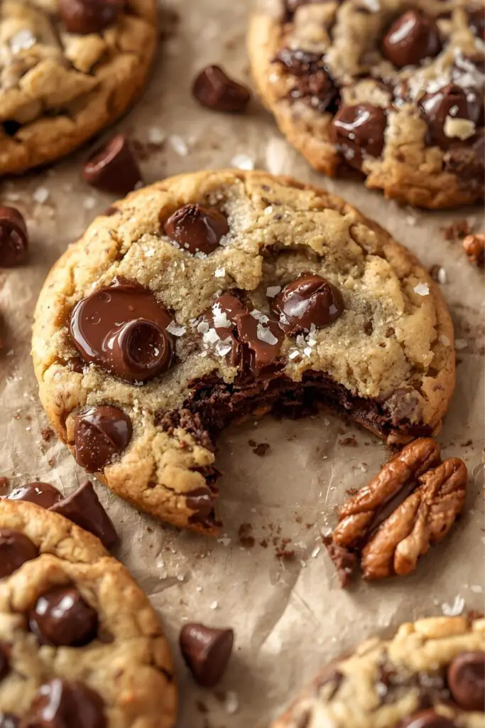 A close-up, high-quality image featuring two distinct variants of freshly baked chocolate chip cookies: one classic with visible chocolate puddles and a hint of flaky sea salt, and another variation (e.g., double chocolate or with nuts), both on parchment paper, with a shallow depth of field.