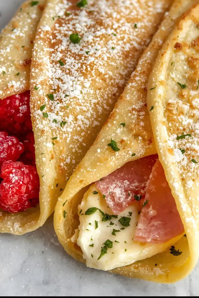 A close-up shot showing two beautifully finished and folded crepes. One is a sweet crepe dusted with powdered sugar and filled with bright red berries, and the other is a savory crepe filled with ham, cheese, and fresh herbs.