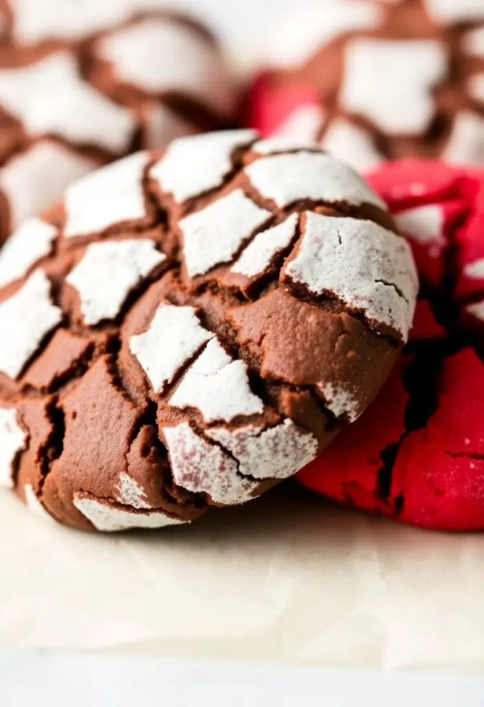 A close-up shot showing two different crinkle cookies. One is the classic dark chocolate crinkle. The other is a vibrant red velvet crinkle cookie, showcasing a popular variation.