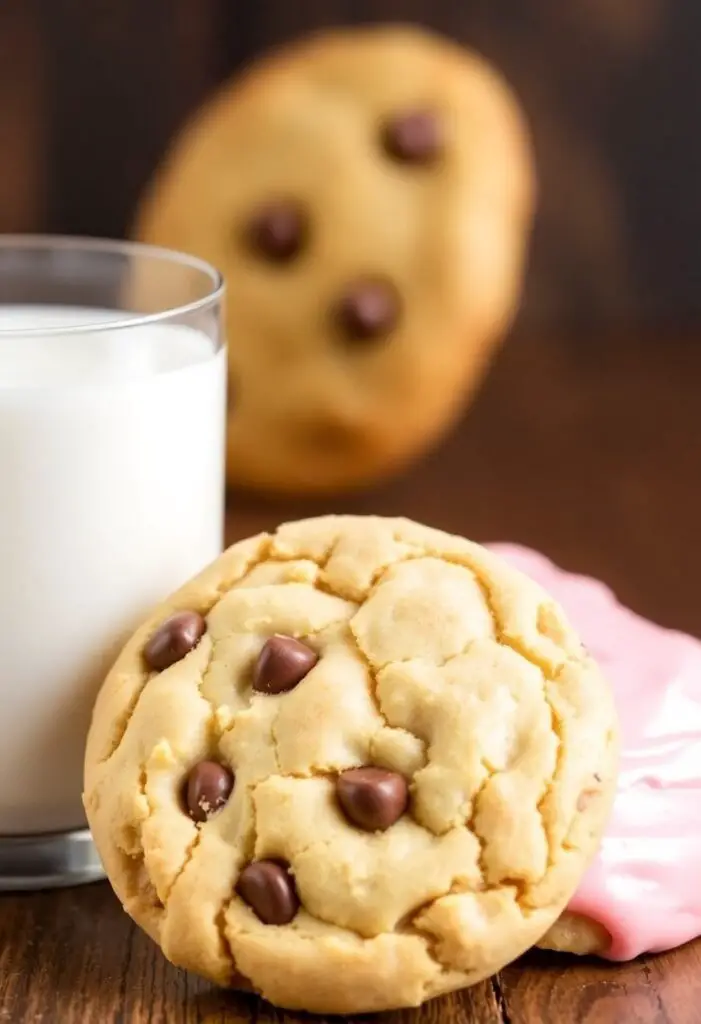 A close-up shot showing two different giant Crumbl-style copycat cookies. One is the classic milk chocolate chip, and the other is the iconic pink sugar cookie with its smooth almond frosting, both sitting next to a glass of milk.