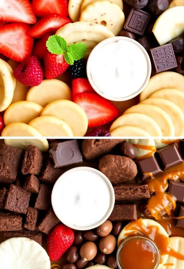 A close-up shot showing two distinct dessert charcuterie board arrangements. One is a bright, fruit-heavy board with light cookies and yogurt dip. The other is a rich, chocolate-focused board with dark chocolates, brownies, and caramel sauce.