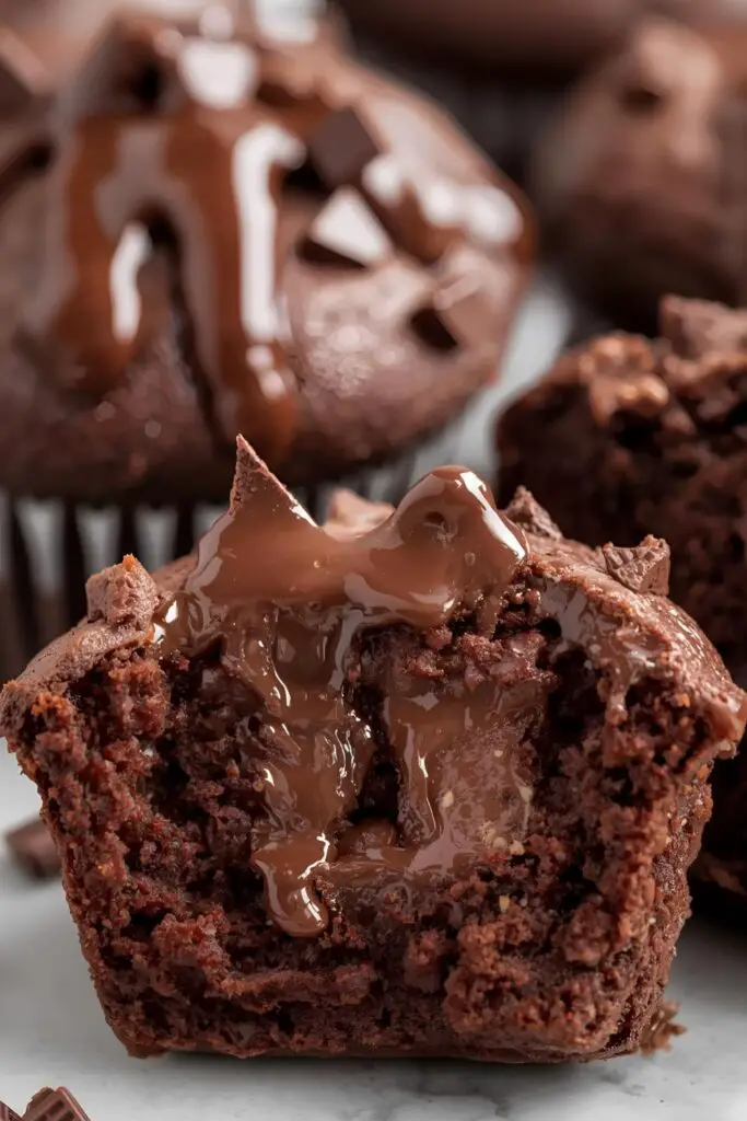 A close-up, high-quality image showing two double chocolate muffins. One is whole with a prominent domed top and visible melted chocolate, and the other is broken in half to reveal its moist, fudgy interior with more melted chocolate chunks.