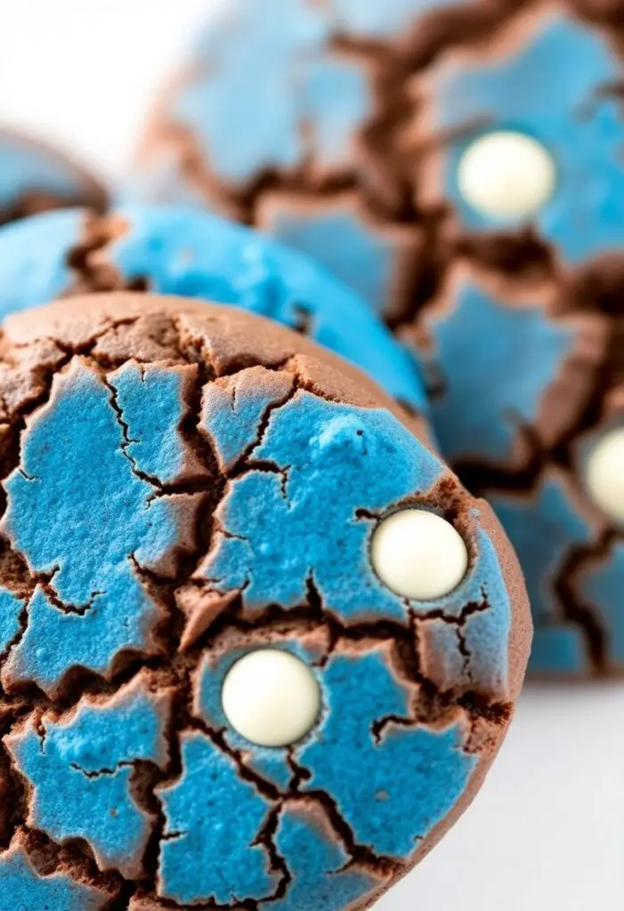 A close-up shot of two different Fire Spirit cookies. One is the classic reddish-brown chocolate crinkle. The other is a "blue flame" variant, a deep blue crinkle cookie with white chocolate chips visible in the cracks.