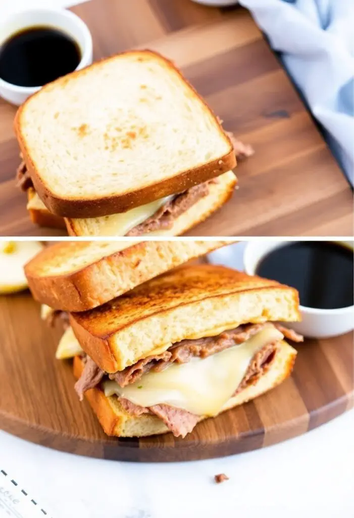 A classic flat lay collage of ingredients for a French Dip sandwich: thinly sliced leftover roast beef, a crusty baguette, slices of provolone cheese, an onion, and a container of beef broth.