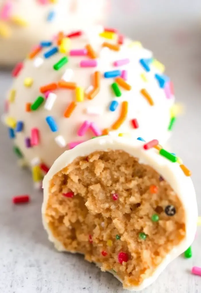 A close-up shot of two different Funfetti "Birthday Cake" Truffles. One is a perfectly round, white-chocolate-coated truffle covered in rainbow sprinkles. The other is bitten in half to reveal the dense, cake-batter-like interior.