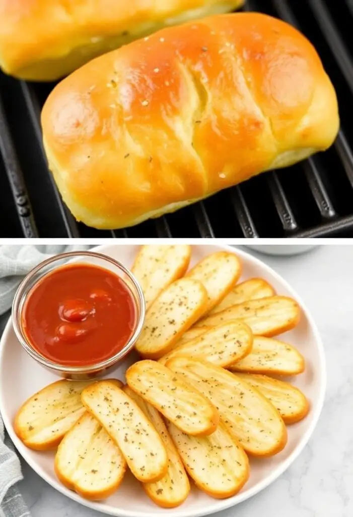 A close-up shot showing two different views of the hot dog bun garlic bread. One is a whole, golden-brown, toasted bun fresh from the broiler. The other is sliced into sticks on a plate next to a bowl of marinara sauce for dipping.