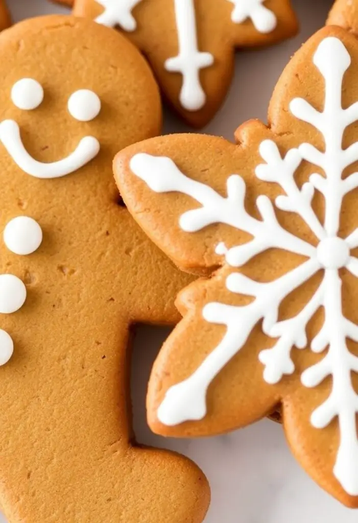 A close-up shot showing two different gingerbread cookies. One is a classic gingerbread man decorated with simple white royal icing. The other is a snowflake-shaped cookie, also decorated with intricate white icing details, showcasing the cookie's versatility.