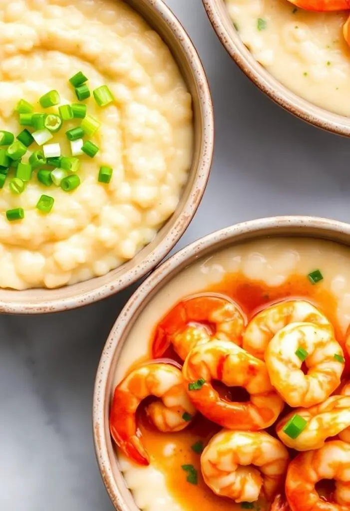 A close-up shot showing two different bowls of prepared grits. One is a simple, creamy bowl of cheesy grits topped with green onions, and the other is a more elaborate dish of shrimp and grits with a savory sauce and sautéed shrimp.