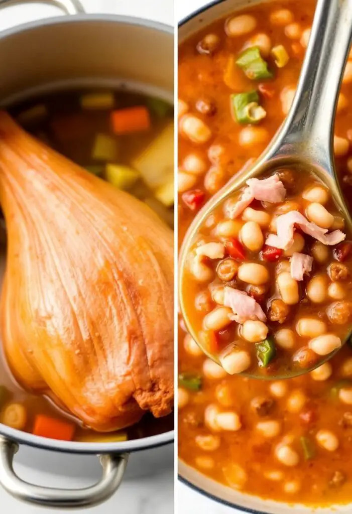 A close-up shot showing two stages of the ham bone soup. One side shows the large ham bone simmering in a pot with vegetables. The other side shows the finished, rich soup in a ladle, full of beans, vegetables, and shredded ham.