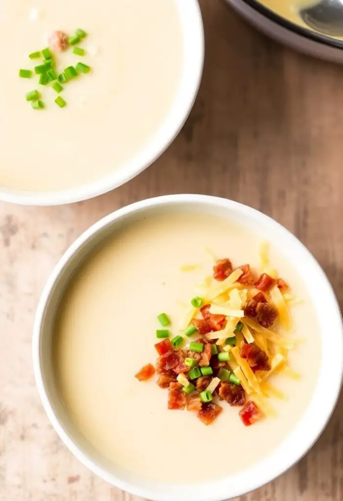 A close-up shot showing two bowls of the finished ham and potato soup. One is a simple, creamy bowl garnished with fresh chives. The other is a "loaded" version, topped with extra shredded cheddar cheese and crispy bacon bits.