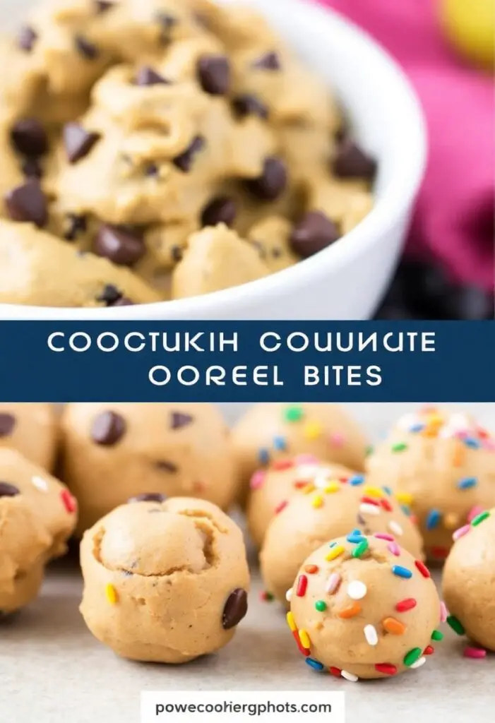 A close-up shot showing two different ways to enjoy healthy cookie dough. One is a bowl of the classic chocolate chip version, and the other shows small, rolled "cookie dough bites" with rainbow sprinkles mixed in.