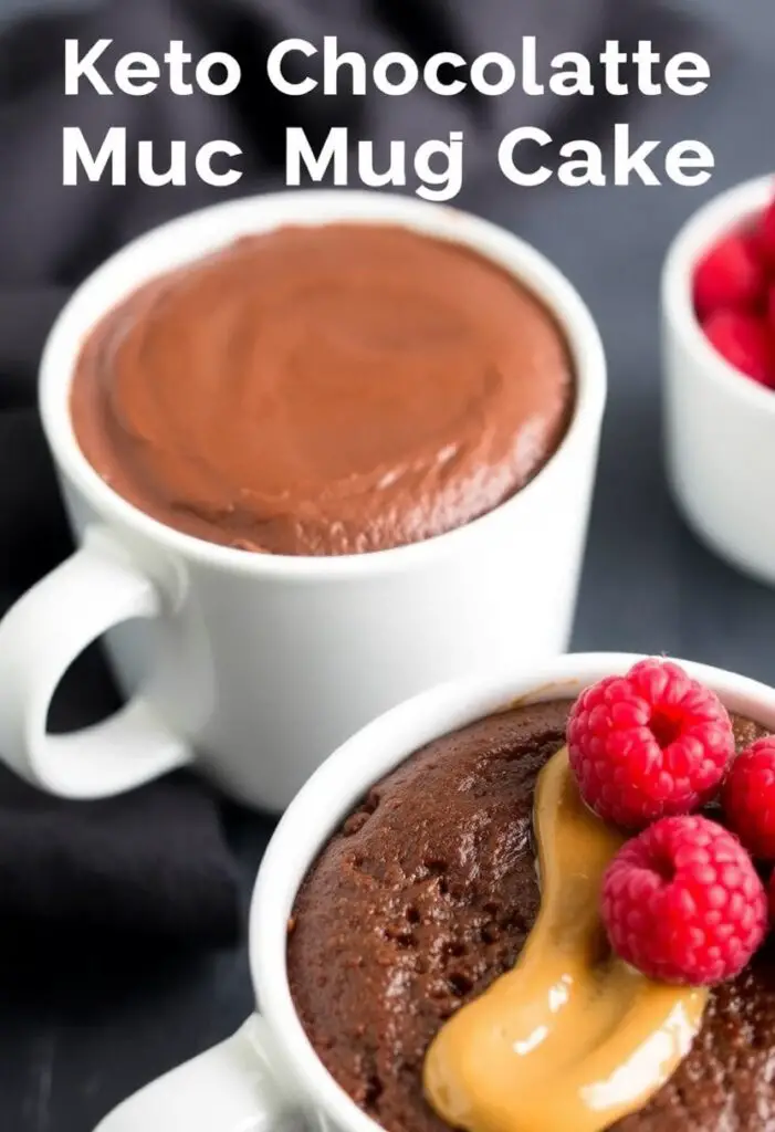 A close-up shot showing two different variations of the keto chocolate mug cake. One is a plain chocolate mug cake. The other is a chocolate mug cake with a swirl of peanut butter on top and a few raspberries.