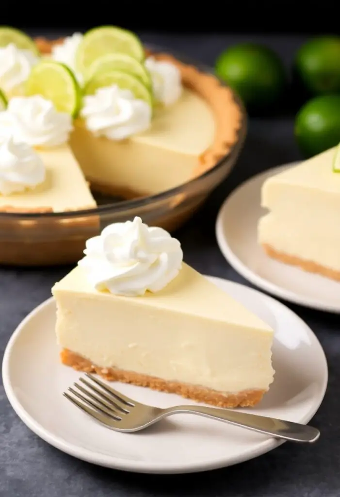 A close-up shot of two different servings of the no-bake key lime pie. One is a whole pie in a pie dish, topped with swirls of whipped cream and lime slices. The other is a single, perfect slice on a plate, showing its creamy, thick filling.