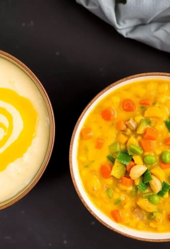  A close-up shot showing two different serving variations of khichdi. One bowl shows a plain, creamy khichdi with just a ghee swirl. The second bowl shows a vegetable-loaded khichdi with visible pieces of carrots and peas.