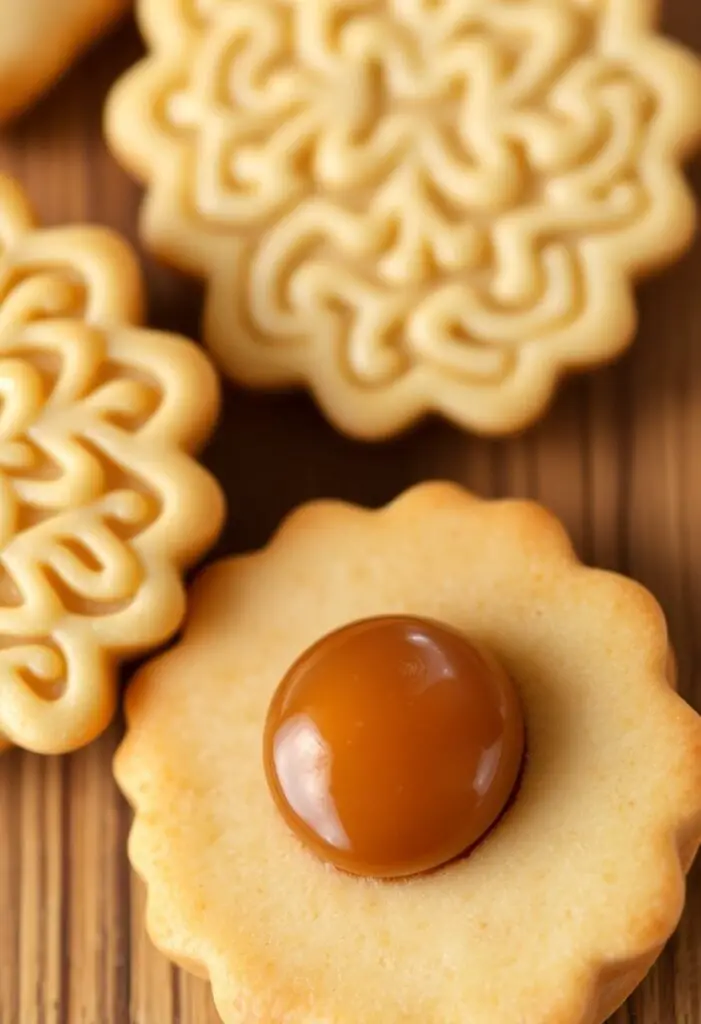 A close-up shot showing two different Longan Dragon cookies. One showcases the intricate, plain "dragon scale" pattern. The other is a "Dragon's Eye" variation, with a single, glossy rehydrated longan pressed into the center.